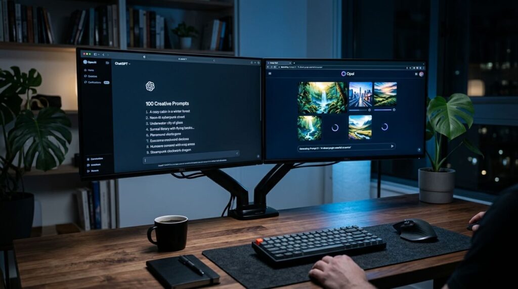 Comparison of ChatGPT generating prompts and Google Opal NanoBanana producing 100 images simultaneously.