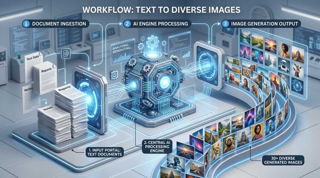 Infographic of the 3-step node workflow: Input, Generate, and Output for mass image production